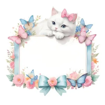 A Cute White Cat With A Pink Bow Holding A Blank Sign Surrounded By Colorful Butterflies Flowers And Pastel Decorations 397 84b0