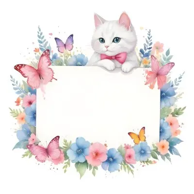 A Cute White Cat With A Pink Bow Holding A Blank Sign Surrounded By Colorful Butterflies Flowers And Pastel Decorations 398 5c33