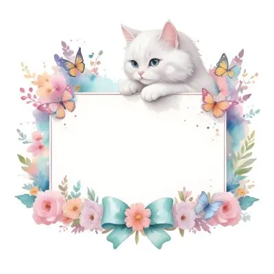 A Cute White Cat With A Pink Bow Holding A Blank Sign Surrounded By Colorful Butterflies Flowers And Pastel Decorations 399 B48c