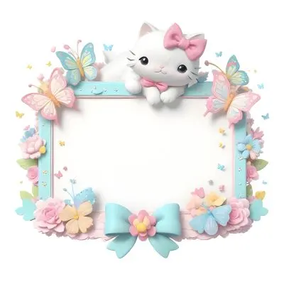 A Cute White Cat With A Pink Bow Holding A Blank Sign Surrounded By Colorful Butterflies Flowers And Pastel Decorations 40 11b0