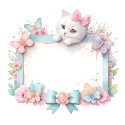 A Cute White Cat With A Pink Bow Holding A Blank Sign Surrounded By Colorful Butterflies Flowers And Pastel Decorations 400 7c68