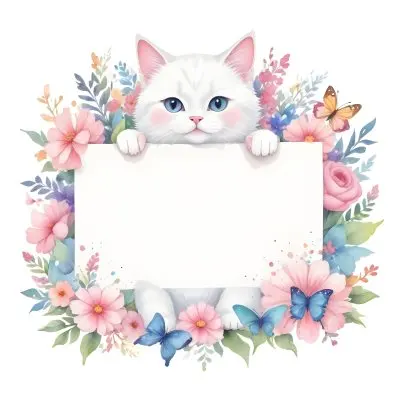 A Cute White Cat With A Pink Bow Holding A Blank Sign Surrounded By Colorful Butterflies Flowers And Pastel Decorations 401 4e0f