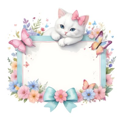 A Cute White Cat With A Pink Bow Holding A Blank Sign Surrounded By Colorful Butterflies Flowers And Pastel Decorations 402 A9f8