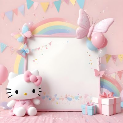 A Cute White Cat With A Pink Bow Holding A Blank Sign Surrounded By Colorful Butterflies Flowers And Pastel Decorations 404 Df1c