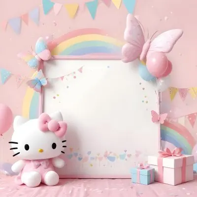 A Cute White Cat With A Pink Bow Holding A Blank Sign Surrounded By Colorful Butterflies Flowers And Pastel Decorations 404 Df1c