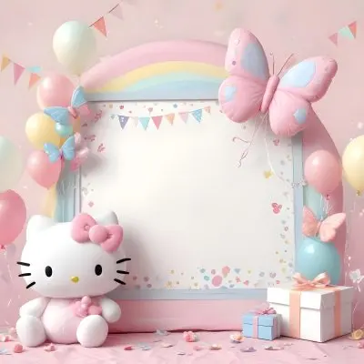 A Cute White Cat With A Pink Bow Holding A Blank Sign Surrounded By Colorful Butterflies Flowers And Pastel Decorations 405 E8f6