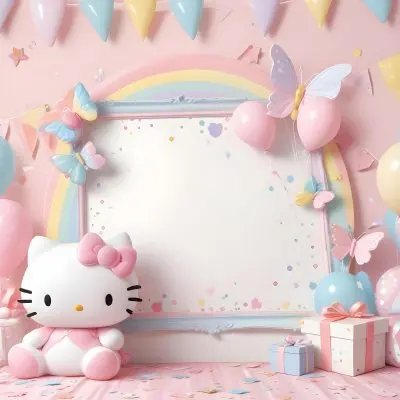 A Cute White Cat With A Pink Bow Holding A Blank Sign Surrounded By Colorful Butterflies Flowers And Pastel Decorations 406 313b