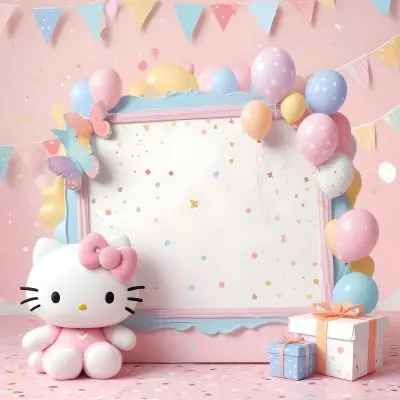 A Cute White Cat With A Pink Bow Holding A Blank Sign Surrounded By Colorful Butterflies Flowers And Pastel Decorations 407 F86b