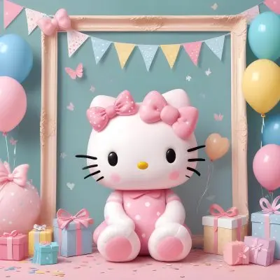 A Cute White Cat With A Pink Bow Holding A Blank Sign Surrounded By Colorful Butterflies Flowers And Pastel Decorations 409 28ae