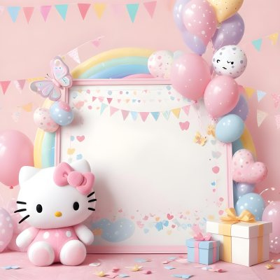 A Cute White Cat With A Pink Bow Holding A Blank Sign Surrounded By Colorful Butterflies Flowers And Pastel Decorations 411 C474