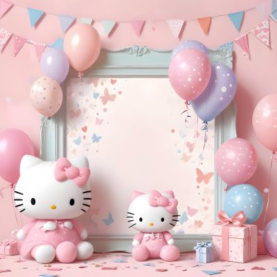 A Cute White Cat With A Pink Bow Holding A Blank Sign Surrounded By Colorful Butterflies Flowers And Pastel Decorations 412 94b2