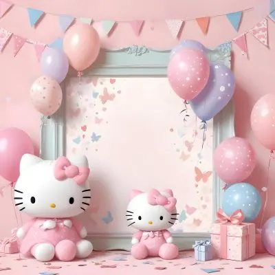 A Cute White Cat With A Pink Bow Holding A Blank Sign Surrounded By Colorful Butterflies Flowers And Pastel Decorations 412 94b2