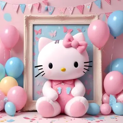 A Cute White Cat With A Pink Bow Holding A Blank Sign Surrounded By Colorful Butterflies Flowers And Pastel Decorations 414 78e8