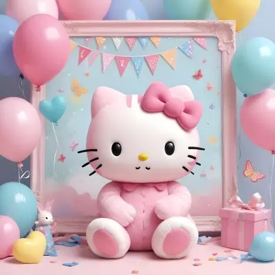A Cute White Cat With A Pink Bow Holding A Blank Sign Surrounded By Colorful Butterflies Flowers And Pastel Decorations 416 2c04