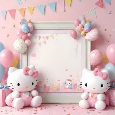 A Cute White Cat With A Pink Bow Holding A Blank Sign Surrounded By Colorful Butterflies Flowers And Pastel Decorations 417 831e