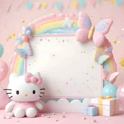 A Cute White Cat With A Pink Bow Holding A Blank Sign Surrounded By Colorful Butterflies Flowers And Pastel Decorations 418 9052