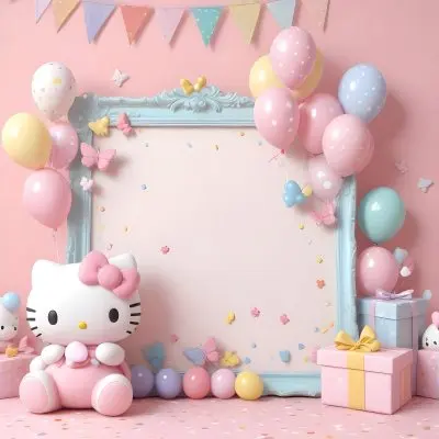 A Cute White Cat With A Pink Bow Holding A Blank Sign Surrounded By Colorful Butterflies Flowers And Pastel Decorations 419 80ee