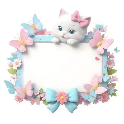 A Cute White Cat With A Pink Bow Holding A Blank Sign Surrounded By Colorful Butterflies Flowers And Pastel Decorations 42 6f03