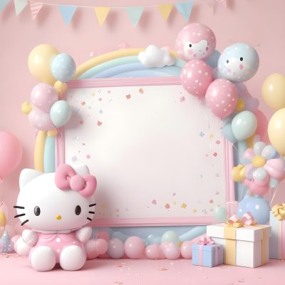 A Cute White Cat With A Pink Bow Holding A Blank Sign Surrounded By Colorful Butterflies Flowers And Pastel Decorations 422 5710