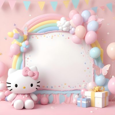 A Cute White Cat With A Pink Bow Holding A Blank Sign Surrounded By Colorful Butterflies Flowers And Pastel Decorations 423 Ae71