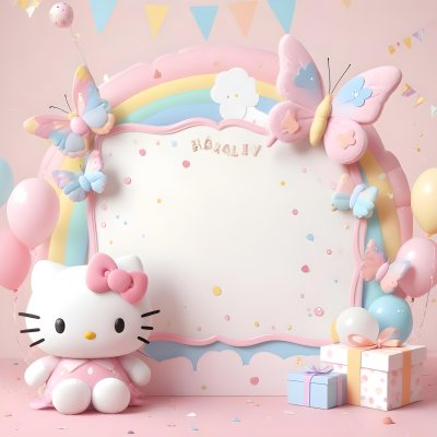 A Cute White Cat With A Pink Bow Holding A Blank Sign Surrounded By Colorful Butterflies Flowers And Pastel Decorations 425 E897