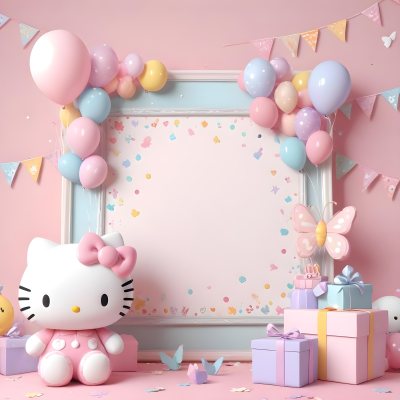 A Cute White Cat With A Pink Bow Holding A Blank Sign Surrounded By Colorful Butterflies Flowers And Pastel Decorations 426 0c10