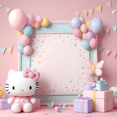 A Cute White Cat With A Pink Bow Holding A Blank Sign Surrounded By Colorful Butterflies Flowers And Pastel Decorations 426 0c10