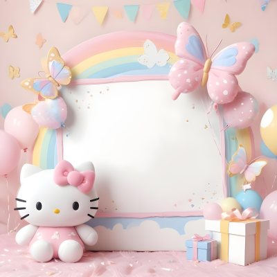 A Cute White Cat With A Pink Bow Holding A Blank Sign Surrounded By Colorful Butterflies Flowers And Pastel Decorations 427 Aacf