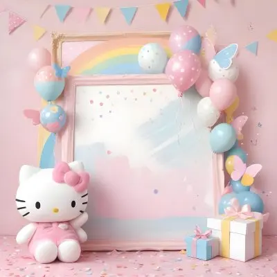 A Cute White Cat With A Pink Bow Holding A Blank Sign Surrounded By Colorful Butterflies Flowers And Pastel Decorations 428 0ec0