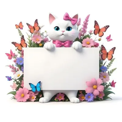 A Cute White Cat With A Pink Bow Holding A Blank Sign Surrounded By Colorful Butterflies Flowers And Pastel Decorations 43 D73b