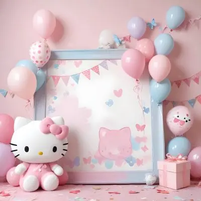 A Cute White Cat With A Pink Bow Holding A Blank Sign Surrounded By Colorful Butterflies Flowers And Pastel Decorations 430 226c