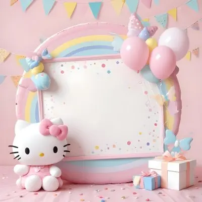 A Cute White Cat With A Pink Bow Holding A Blank Sign Surrounded By Colorful Butterflies Flowers And Pastel Decorations 431 5ac9
