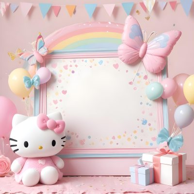 A Cute White Cat With A Pink Bow Holding A Blank Sign Surrounded By Colorful Butterflies Flowers And Pastel Decorations 433 98a8