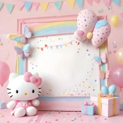 A Cute White Cat With A Pink Bow Holding A Blank Sign Surrounded By Colorful Butterflies Flowers And Pastel Decorations 434 Afac