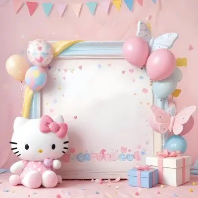A Cute White Cat With A Pink Bow Holding A Blank Sign Surrounded By Colorful Butterflies Flowers And Pastel Decorations 435 A731