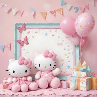 A Cute White Cat With A Pink Bow Holding A Blank Sign Surrounded By Colorful Butterflies Flowers And Pastel Decorations 436 9510