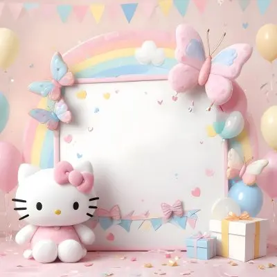 A Cute White Cat With A Pink Bow Holding A Blank Sign Surrounded By Colorful Butterflies Flowers And Pastel Decorations 437 5d92