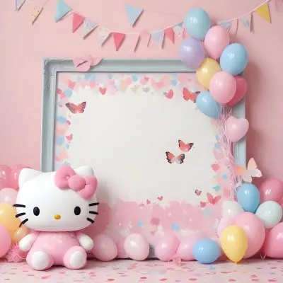 A Cute White Cat With A Pink Bow Holding A Blank Sign Surrounded By Colorful Butterflies Flowers And Pastel Decorations 438 Da53