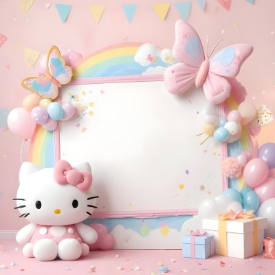 A Cute White Cat With A Pink Bow Holding A Blank Sign Surrounded By Colorful Butterflies Flowers And Pastel Decorations 439 0cb2