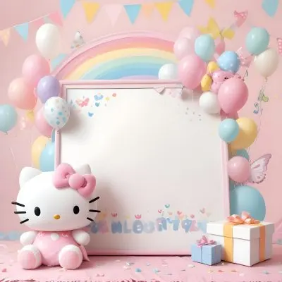 A Cute White Cat With A Pink Bow Holding A Blank Sign Surrounded By Colorful Butterflies Flowers And Pastel Decorations 440 07a8