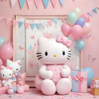 A Cute White Cat With A Pink Bow Holding A Blank Sign Surrounded By Colorful Butterflies Flowers And Pastel Decorations 441 08ee