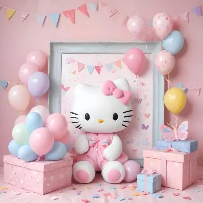 A Cute White Cat With A Pink Bow Holding A Blank Sign Surrounded By Colorful Butterflies Flowers And Pastel Decorations 442 5e80