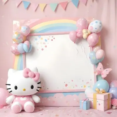 A Cute White Cat With A Pink Bow Holding A Blank Sign Surrounded By Colorful Butterflies Flowers And Pastel Decorations 443 Eef8