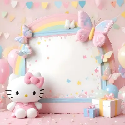 A Cute White Cat With A Pink Bow Holding A Blank Sign Surrounded By Colorful Butterflies Flowers And Pastel Decorations 444 Ac4c