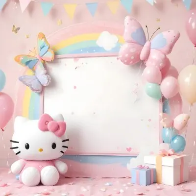 A Cute White Cat With A Pink Bow Holding A Blank Sign Surrounded By Colorful Butterflies Flowers And Pastel Decorations 445 E74e