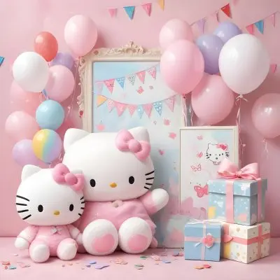 A Cute White Cat With A Pink Bow Holding A Blank Sign Surrounded By Colorful Butterflies Flowers And Pastel Decorations 446 Cea0
