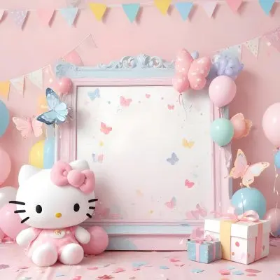 A Cute White Cat With A Pink Bow Holding A Blank Sign Surrounded By Colorful Butterflies Flowers And Pastel Decorations 447 38c4