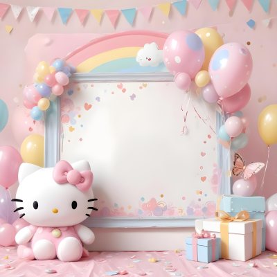 A Cute White Cat With A Pink Bow Holding A Blank Sign Surrounded By Colorful Butterflies Flowers And Pastel Decorations 448 8f04