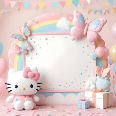 A Cute White Cat With A Pink Bow Holding A Blank Sign Surrounded By Colorful Butterflies Flowers And Pastel Decorations 449 5e3b