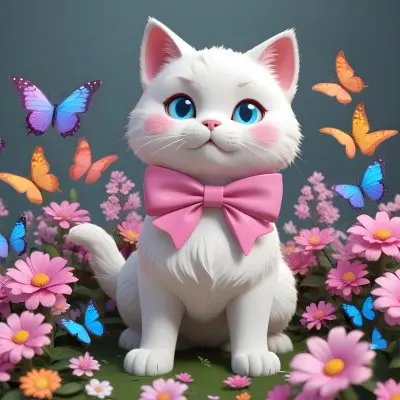A Cute White Cat With A Pink Bow Holding A Blank Sign Surrounded By Colorful Butterflies Flowers And Pastel Decorations 45 08d8
